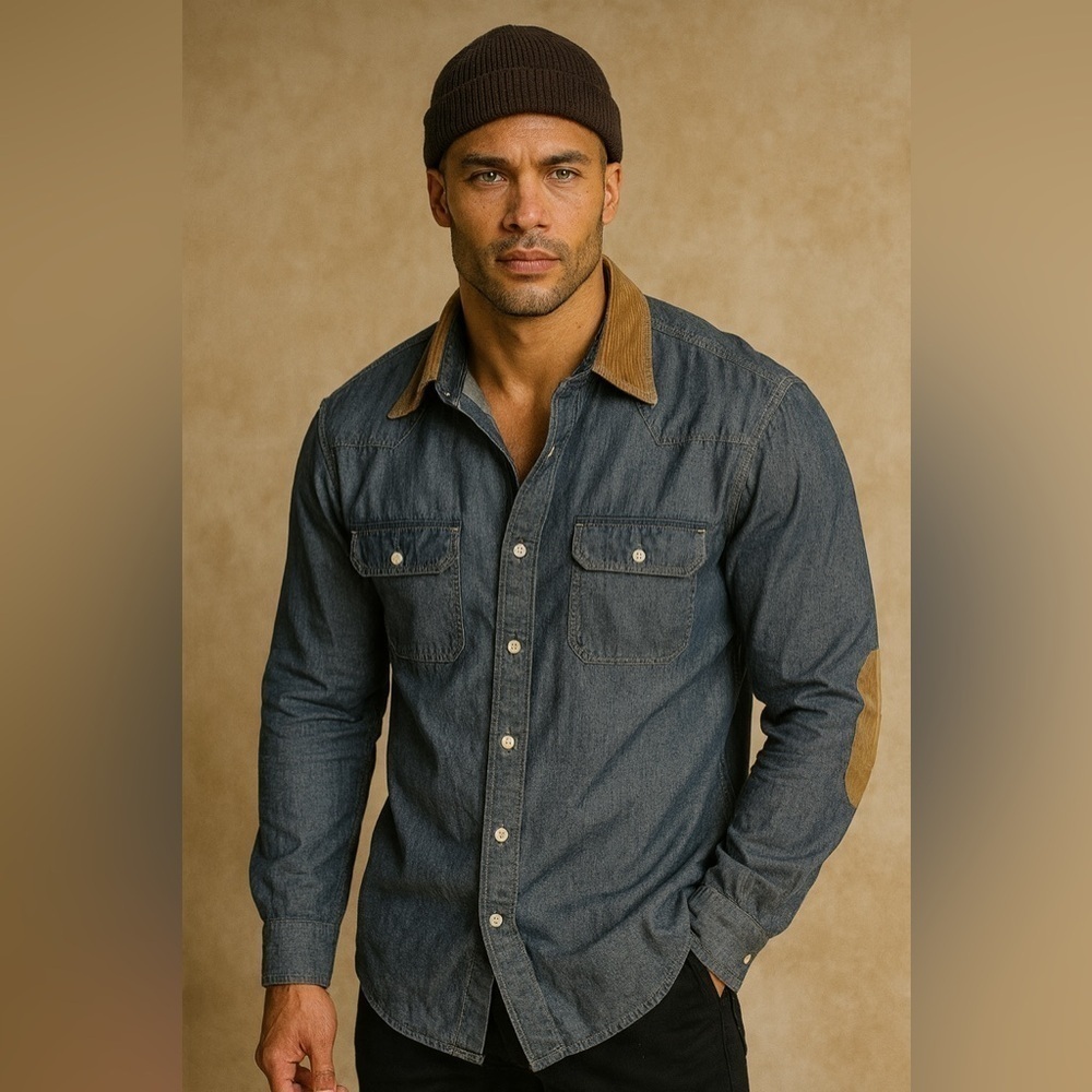 Nautica Mens Denim Chambray Shirt Corduroy Collar Elbow Patches Workwear XL - Picture 7 of 7